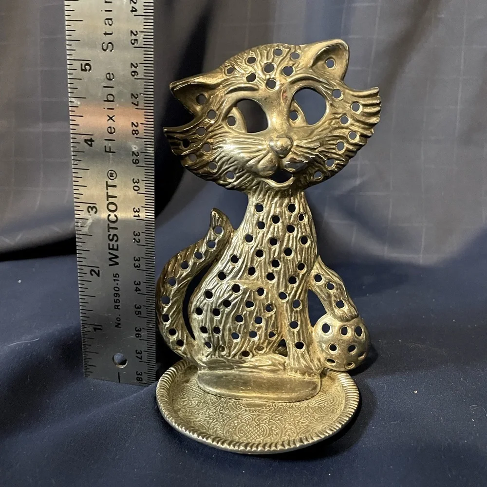 VTG silver-tone metal cat earring holder / dish 1970s cute overload! Torino